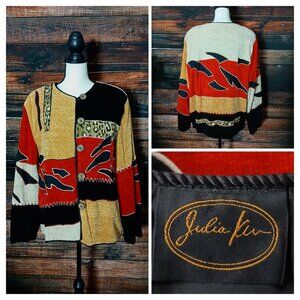 Julia Kim Vintage Sweater Jacket XL Bohemian Patchwork Toggle Button Art To Wear